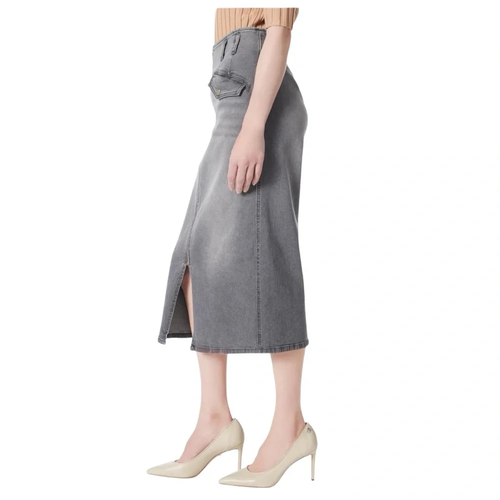 Dee Ocleppo Millie Zipper Front Denim Midi Skirt Charcoal Gray Sz 12